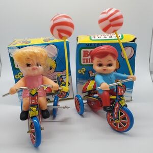 Colorful Doll Tricycle Set with Red and Blue Outfits